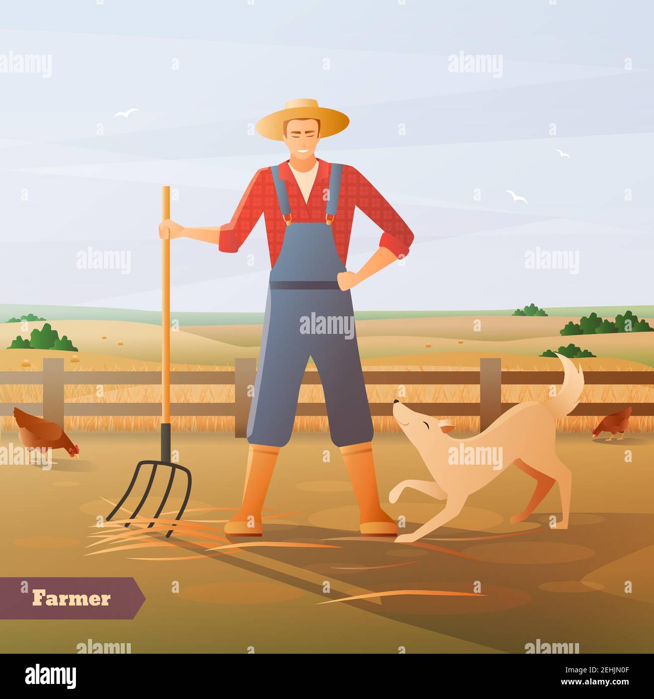 Farmer in overalls and hat with pitchfork and dog at paddock for chicken flat composition vector illustration Stock Vector