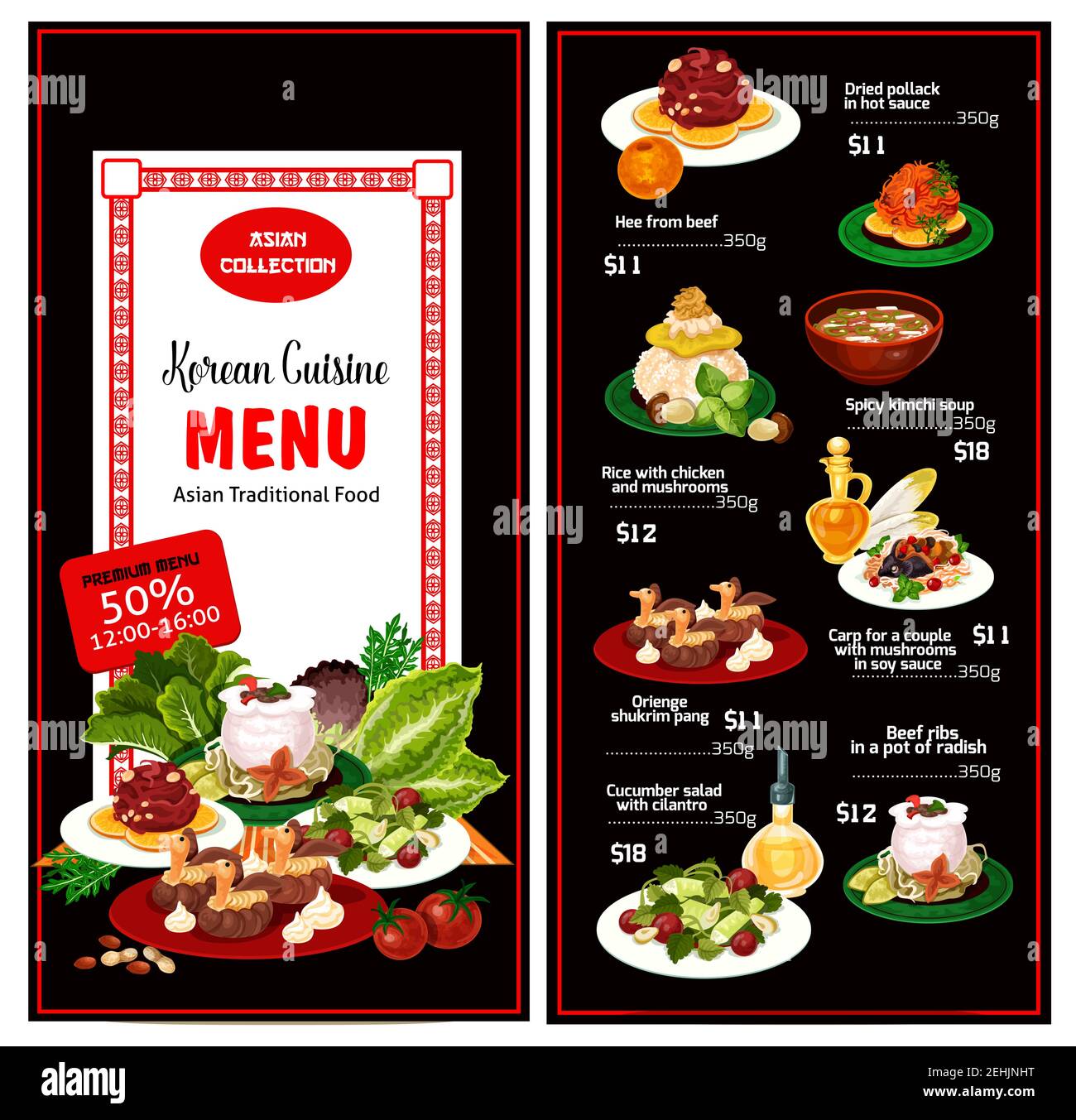 Korean cuisine traditional food menu. Vector lunch with dried pollack in hot sauce, beef hee or spicy kimchi soup and rice with chicken and mushrooms, Stock Vector