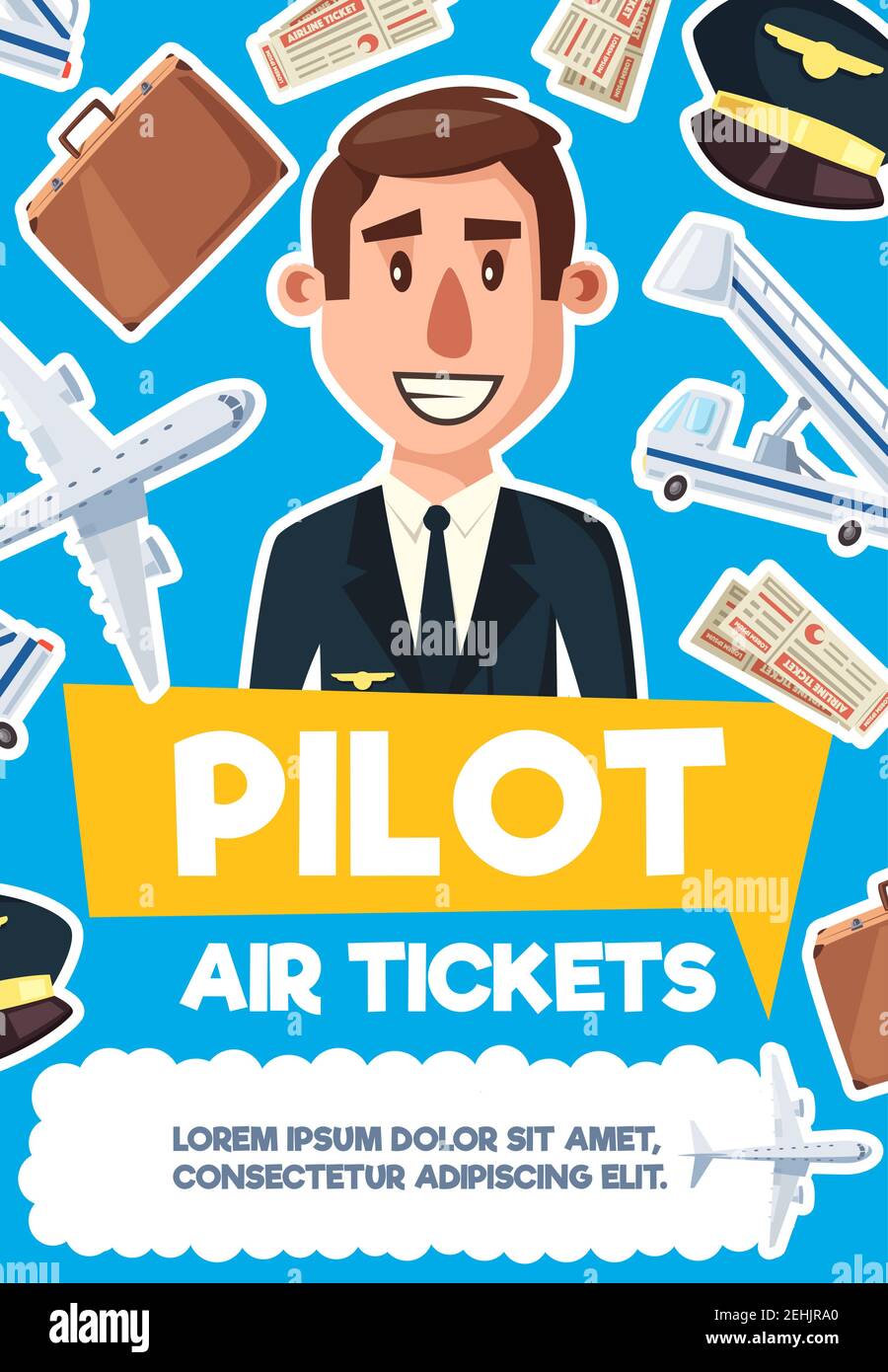 Pilot profession poster of aviation occupation man in uniform. Vector cartoon design of aircraft or airplane with passenger ladder, travel bag and air Stock Vector