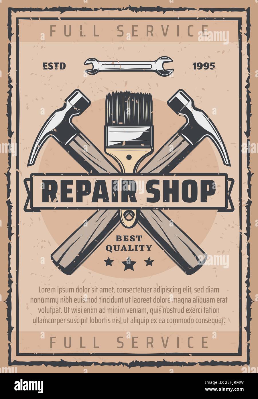 Repair shop vintage banner of car service, garage and auto workshop. Retro  grunge work tool poster with hammer, wrench, brush and ribbon for automobil  Stock Vector Image & Art - Alamy