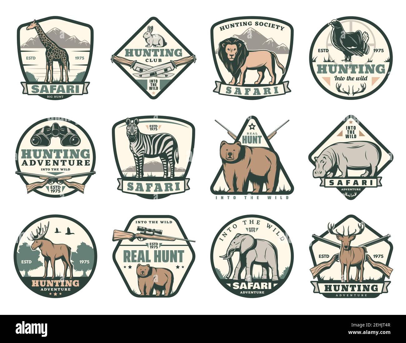 Hunting club icons of wild animals for African safari and open season hunt.  Vector badges for hunter society giraffe, lion or rabbit and pheasant bird  Stock Vector Image & Art - Alamy