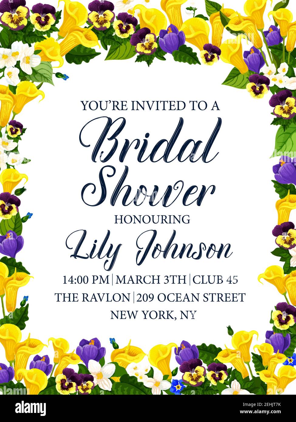 Bridal shower party and wedding ceremony floral card for