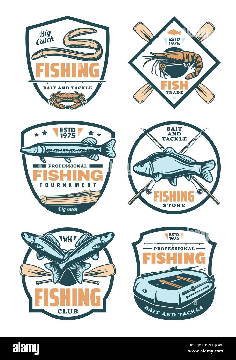 Fishing sport retro badges for sport club, fish trade, fishing store