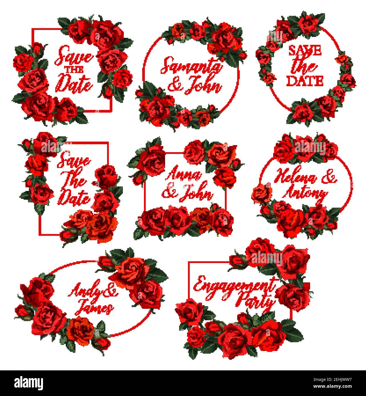 Flowers frames and wreath icons for Save the Date wedding invitation or  springtime seasonal greeting card. Vector love is here quotes and bride or  bri Stock Vector Image & Art - Alamy