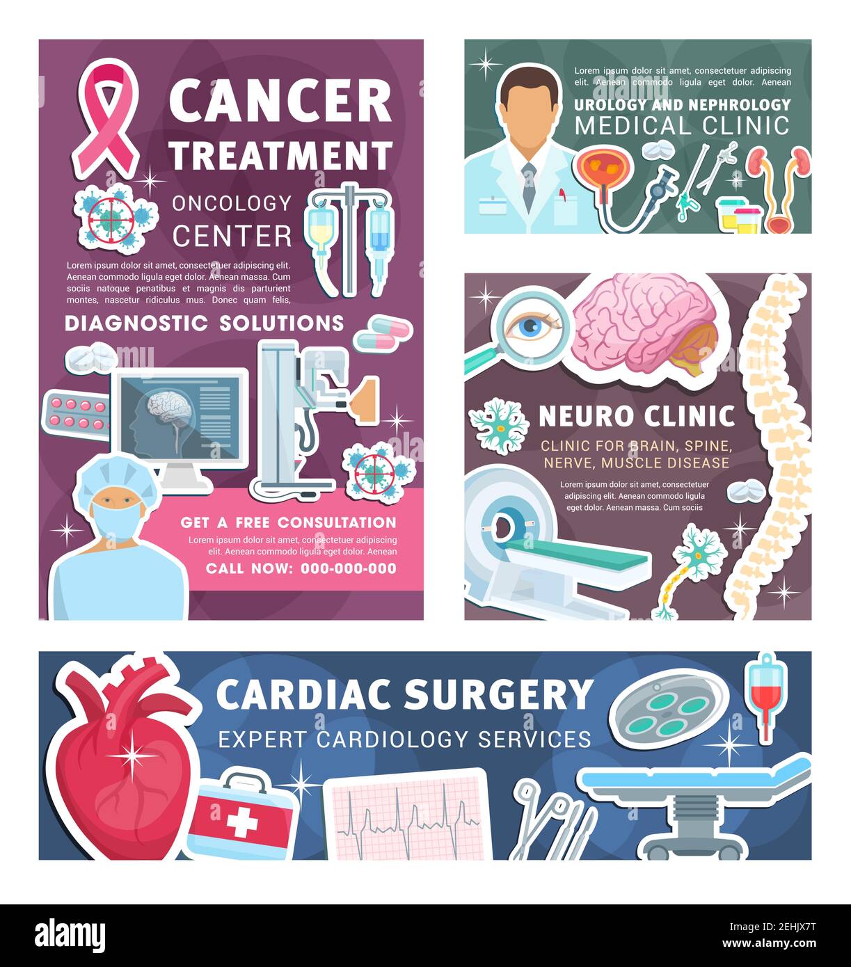 Cardiology, neurology or urology and nephrology clinic posters and banners. Vector medical design for cardiac surgery, cancer treatment and neural spi Stock Vector