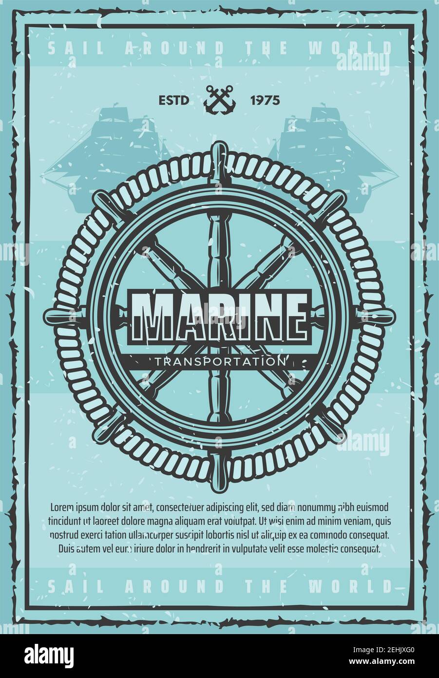 Marine transportation, big wooden helm and strong rope. Large old ship silhouettes on nautical leaflet. Sail around world unforgettable voyage vector Stock Vector