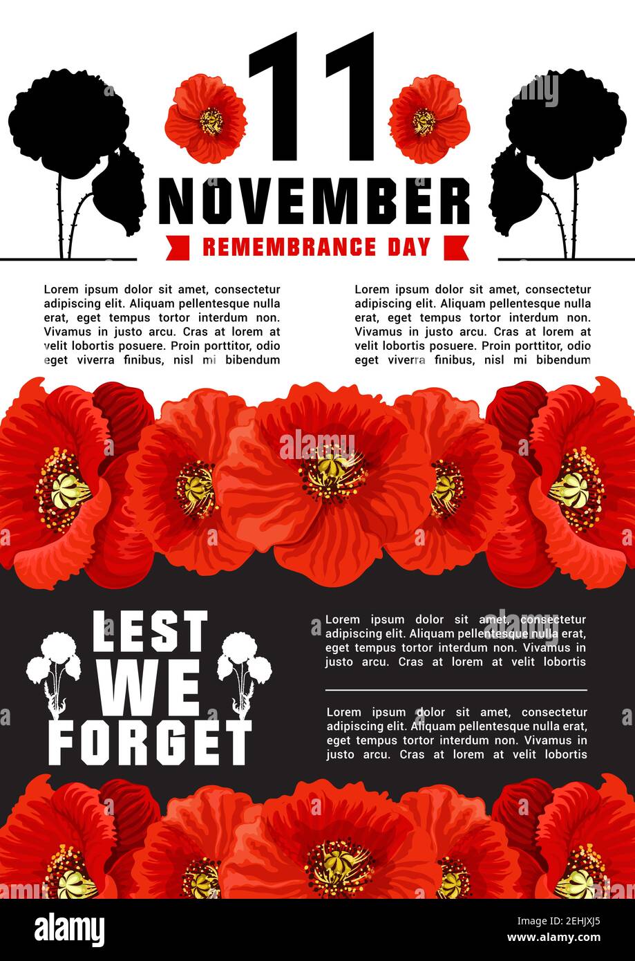 Vector poster for 11 of November, World Remembrance day. Flowers of puppy as symbol of tragic and memory of killed soldiers. Creative design in tragic Stock Vector