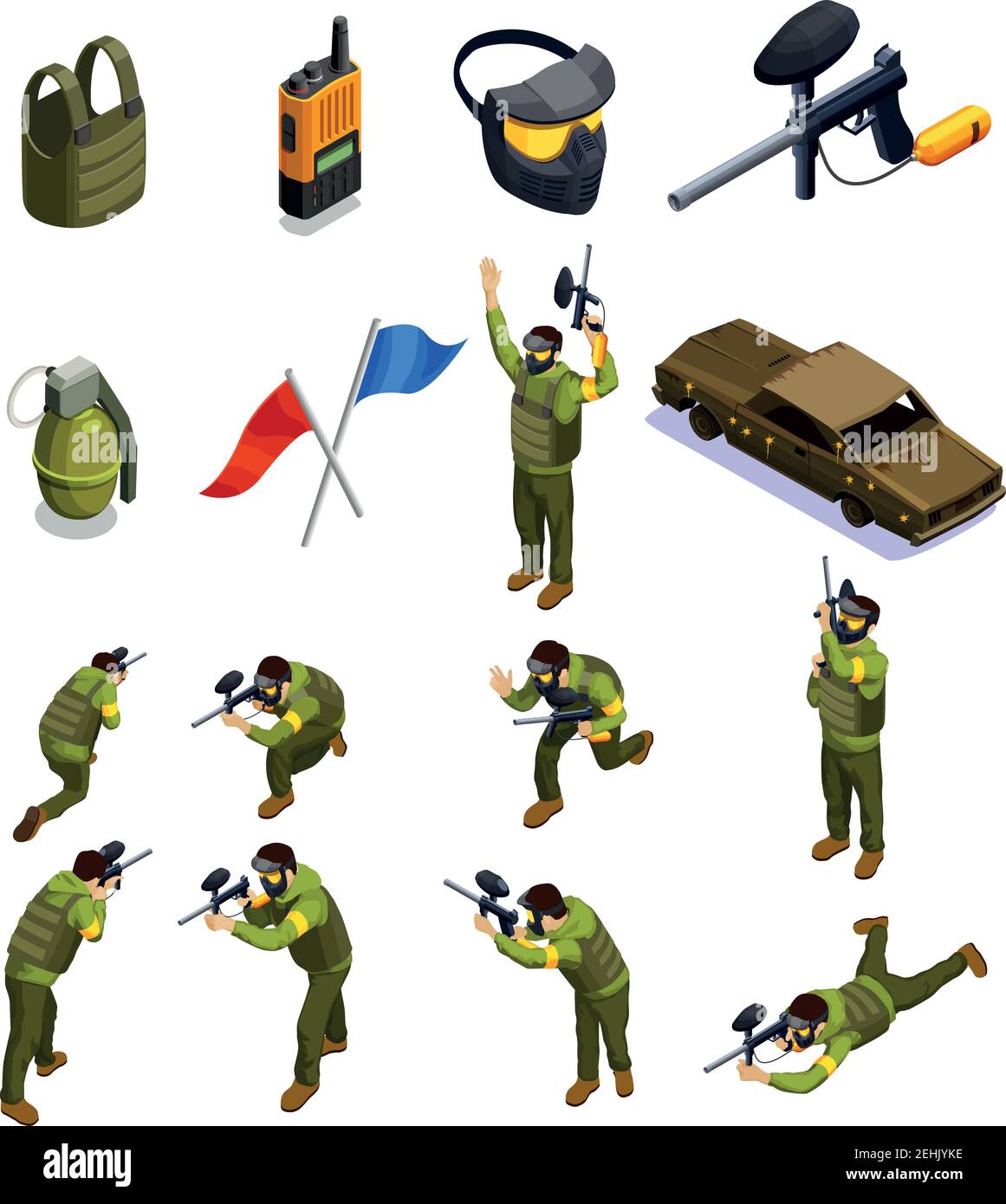 Paintball isometric icons collection with isolated fighter characters in uniform armour helmet shield and other equipment vector illustration Stock Vector