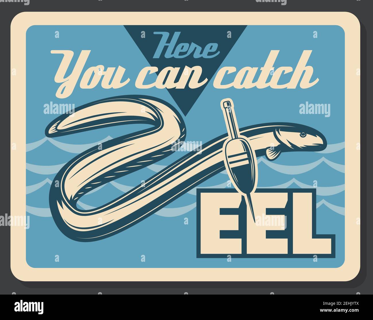 Fishing retro poster for eel fish big catch. Vector vintage