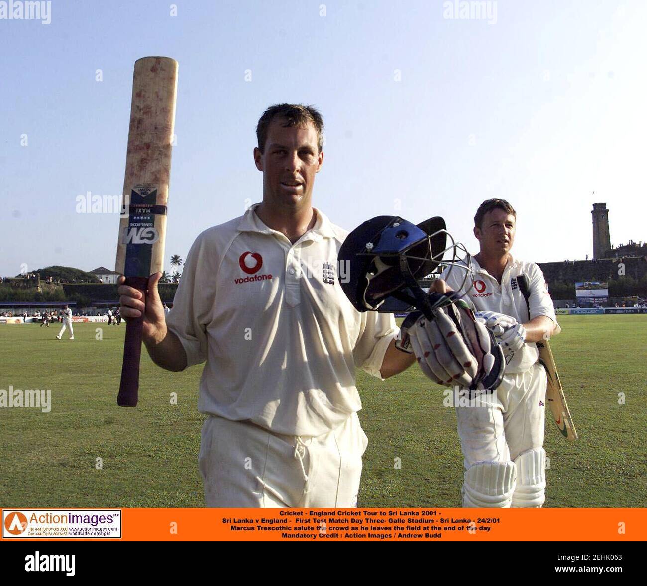 Cricket - England Cricket Tour to Sri Lanka 2001 -   Sri Lanka v England -  First Test Match Day Three   - Galle Stadium - Sri Lanka - 24/2/01  Marcus Trescothick  salute the crowd as he leaves the field at the end of the day   Mandatory Credit : Action Images / Andrew Budd  Trescothick Stock Photo