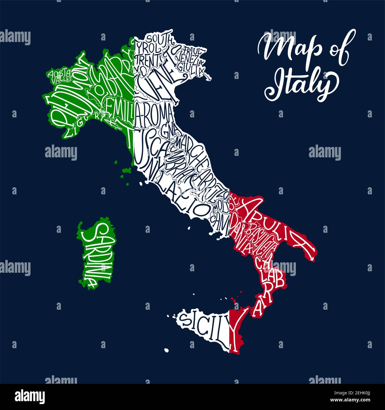 Italy map of regions and provinces names in sketch lettering. Vector Italian flag of Sicily peninsula, Sardinia island or Venice Piemonte, Lombardia o Stock Vector