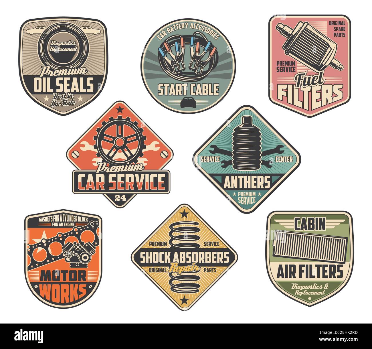 Car repairing vector retro heraldry icons. Oil seals and start cable