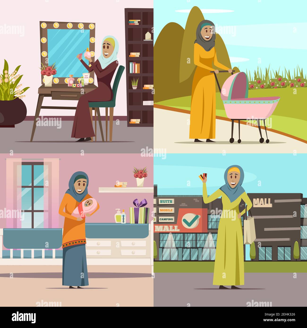 Arabic woman concept icons set with shopping symbols flat isolated ...