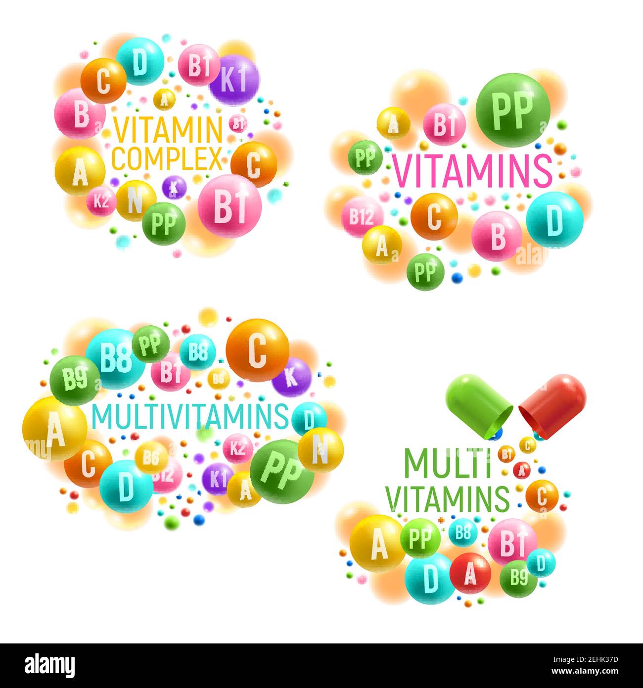 Vitamin and multivitamin complex posters for healthy life and dietary supplements package design. Vector vitamin capsules and mineral pills for pharma Stock Vector