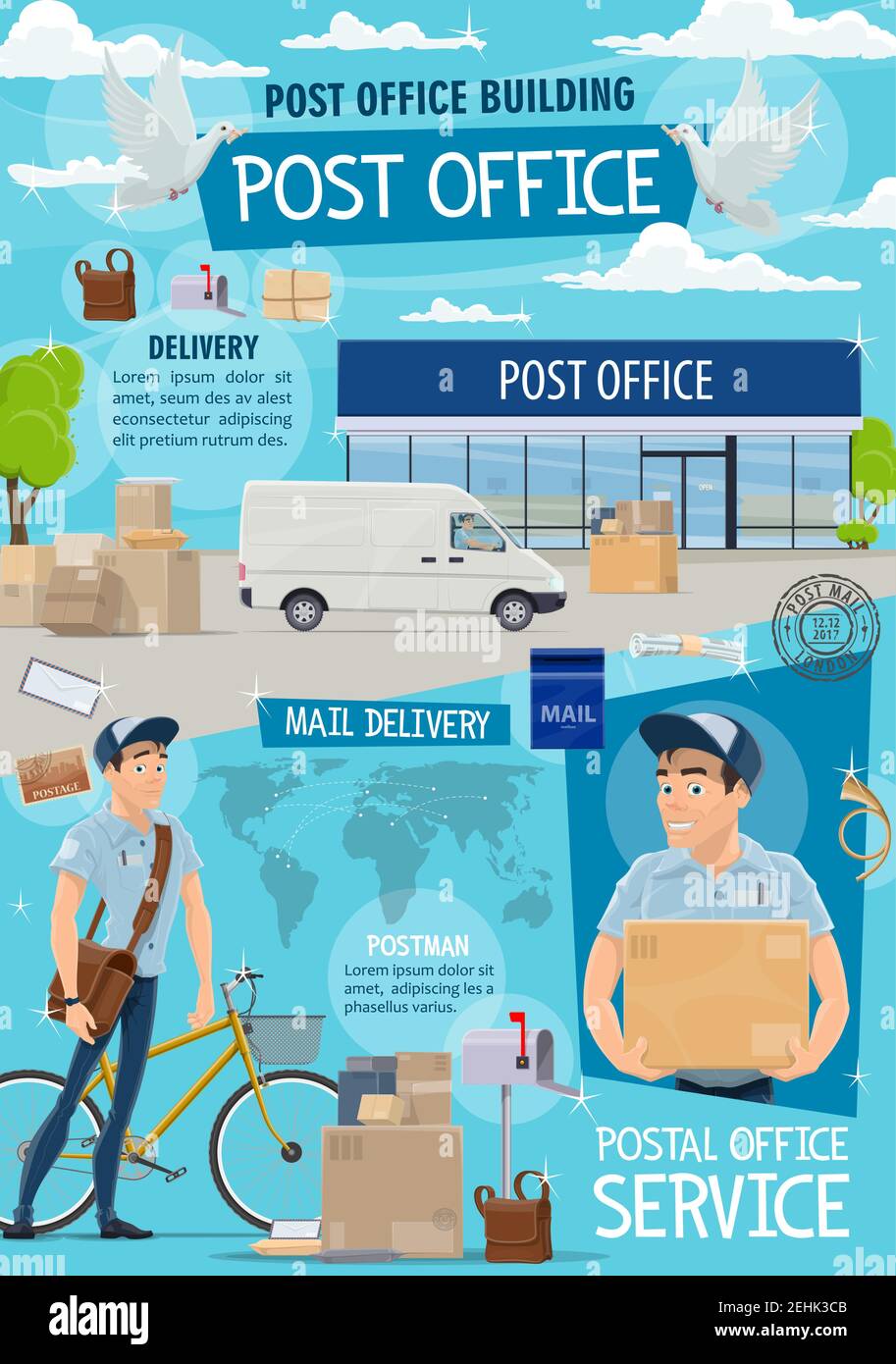 Post office and mail delivery. Postage service, post shipping transport