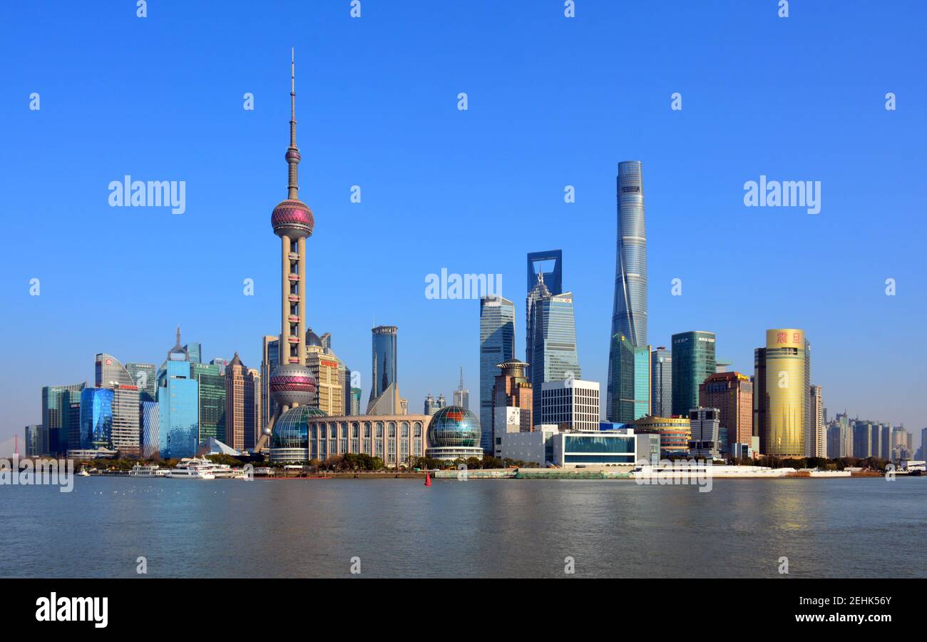 Classic Tourist View Of The Pudong Skyline In Shanghai As Seen From The Bund Chinese New Year Feb 21 Stock Photo Alamy