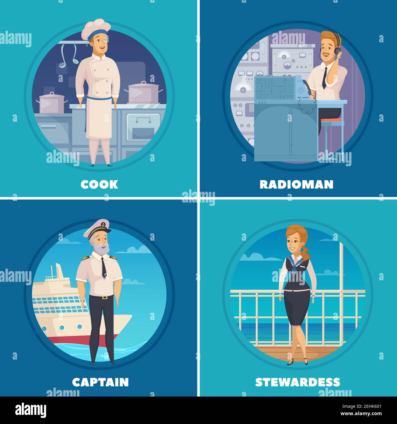Cruise liner yacht ship crew characters 4 cartoon icons square with