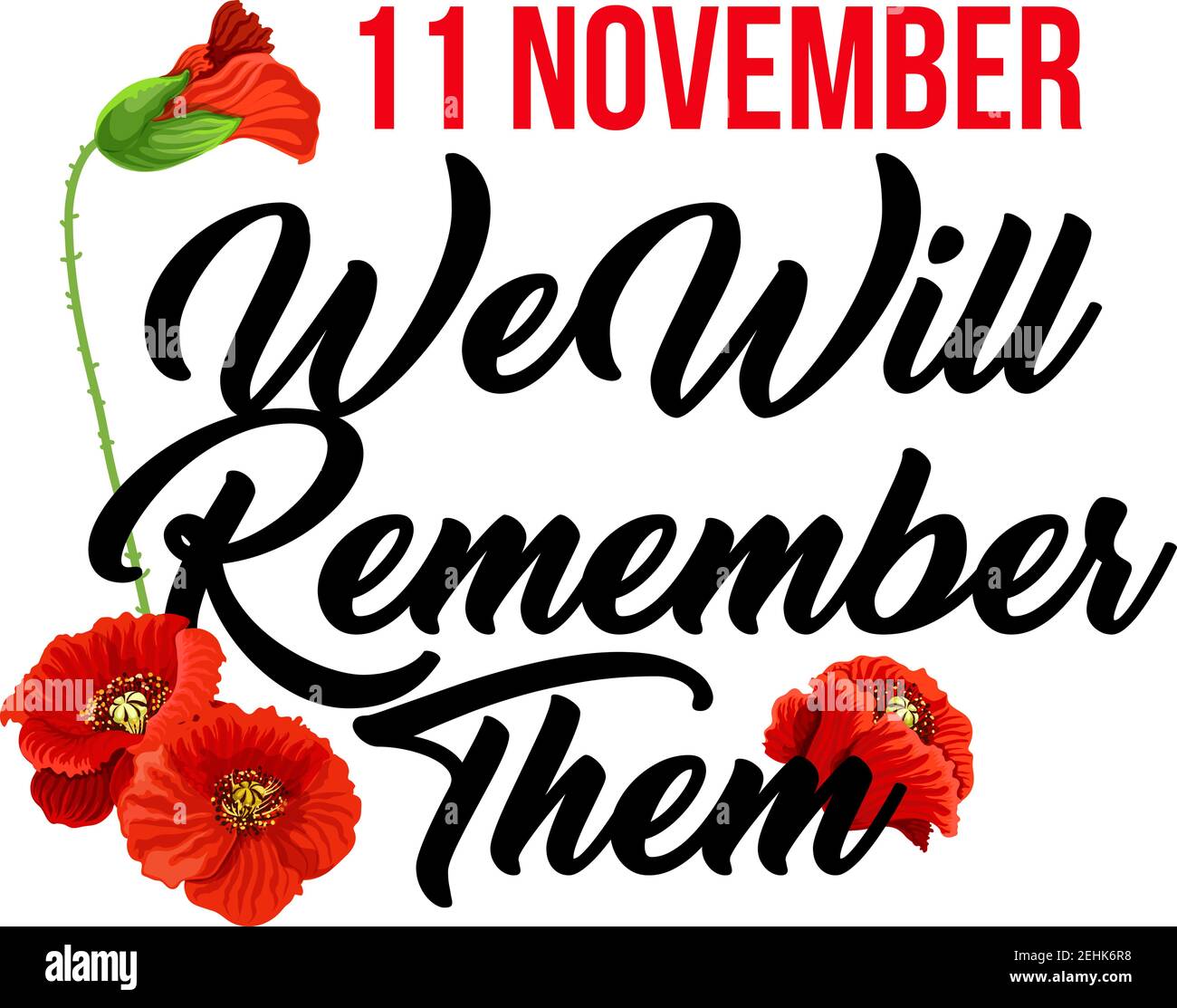 Creative design for Remembrance day 11 November. Vector with red poppies isolated on white background. Veterans day and tribute for soldiers concept. Stock Vector