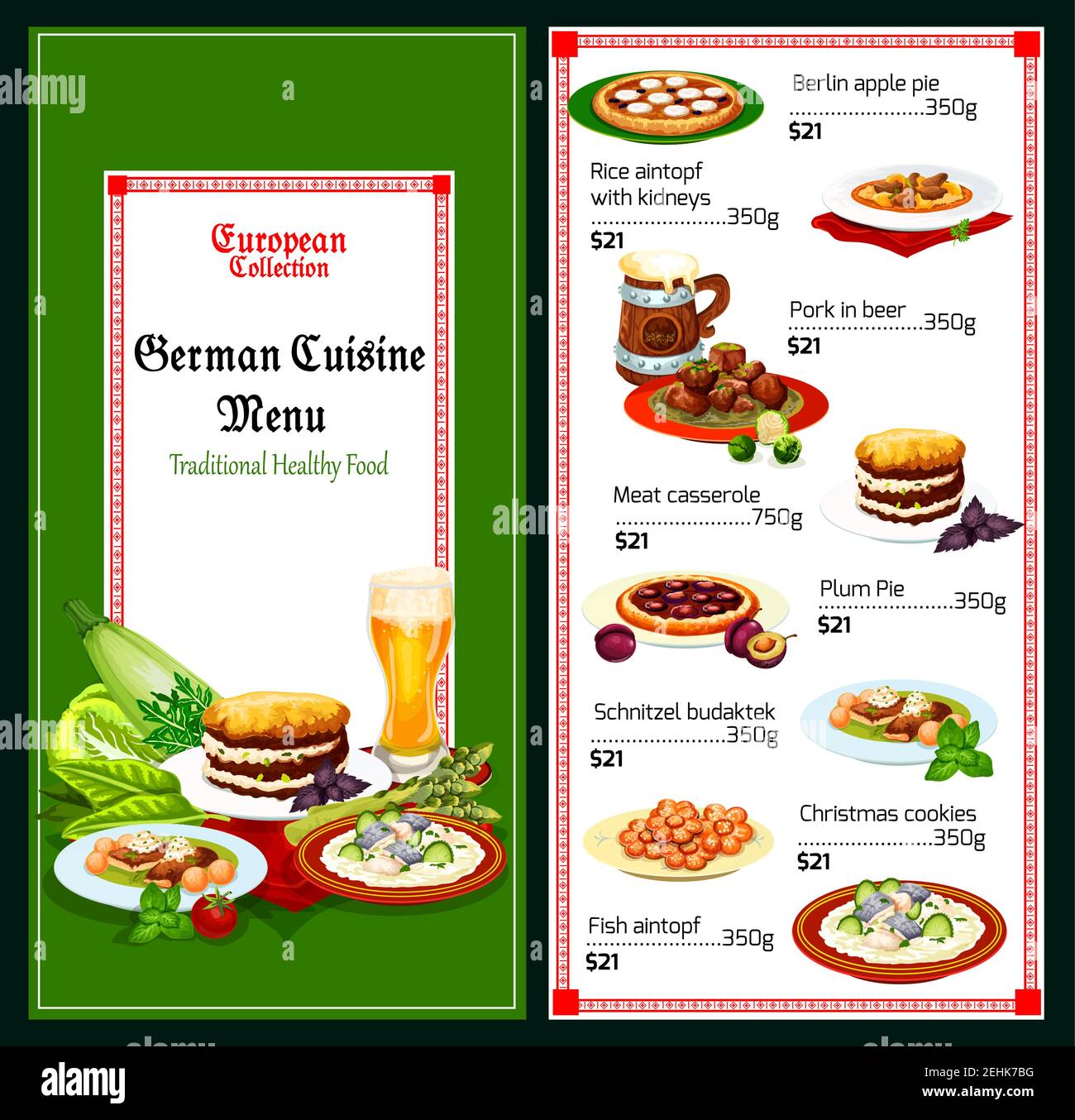 German restaurant menu with meat and fish dish of bavarian cuisine. Pork stewed in beer, beef casserole and schnitzel, rice with kidney, fish stew, fr Stock Vector