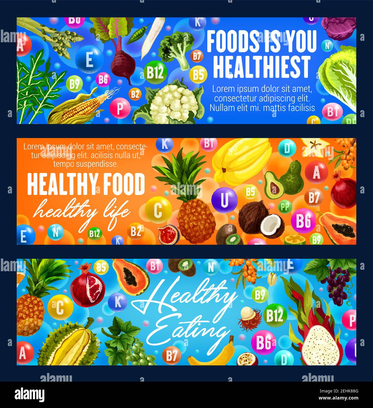 Healthy food banners with fruits, vegetables and vitamins. Promotion of healthy eating organic products, healthiest food dieting ingredients, exotic t Stock Vector