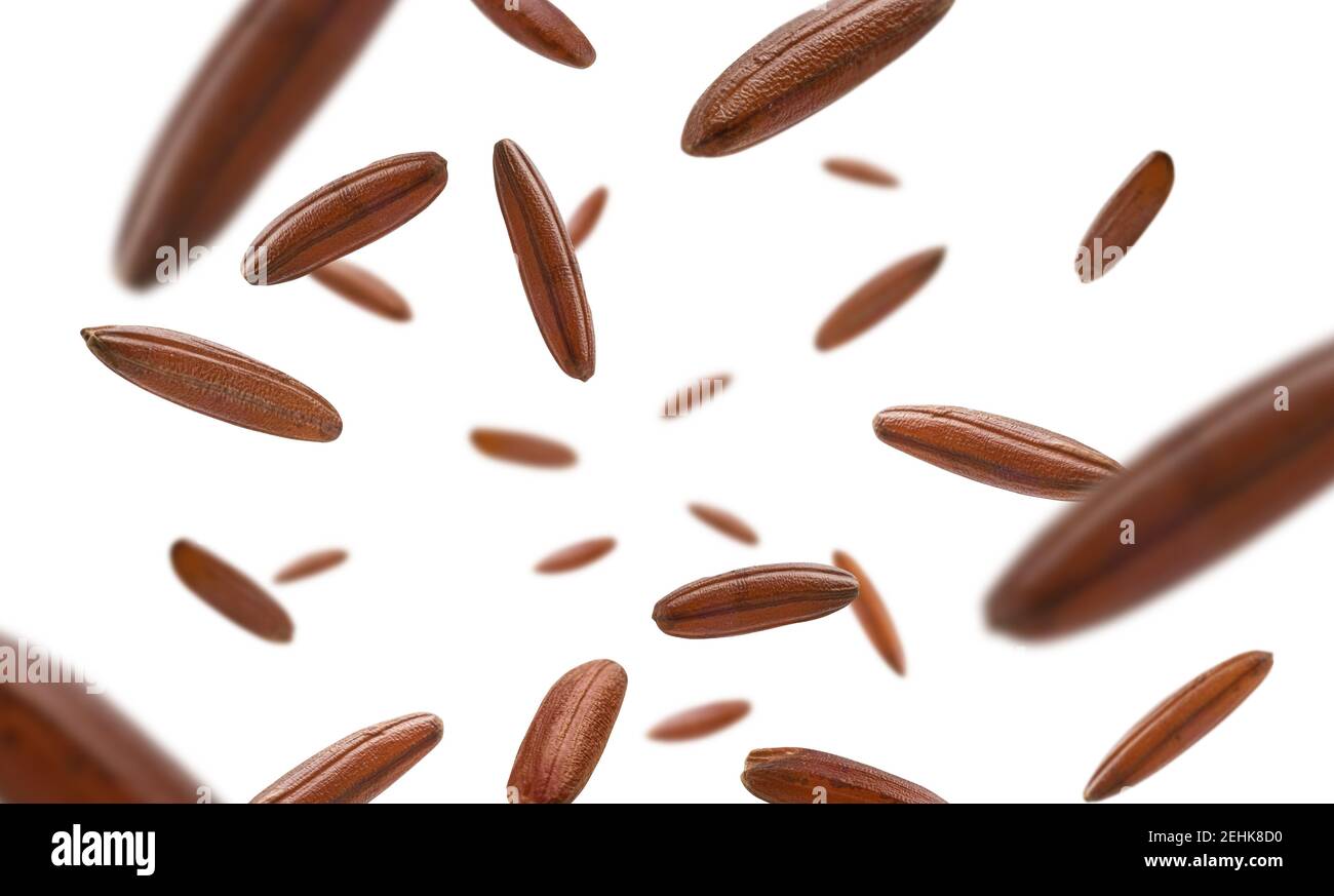 Raw brown rice levitates on a white background Stock Photo - Alamy