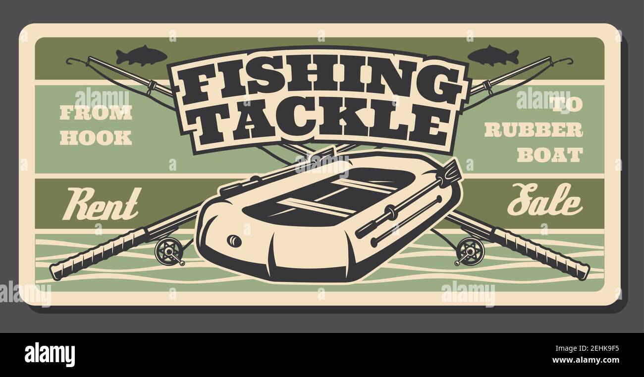 Fishing tackle or gear and fisherman equipment retro poster, sport