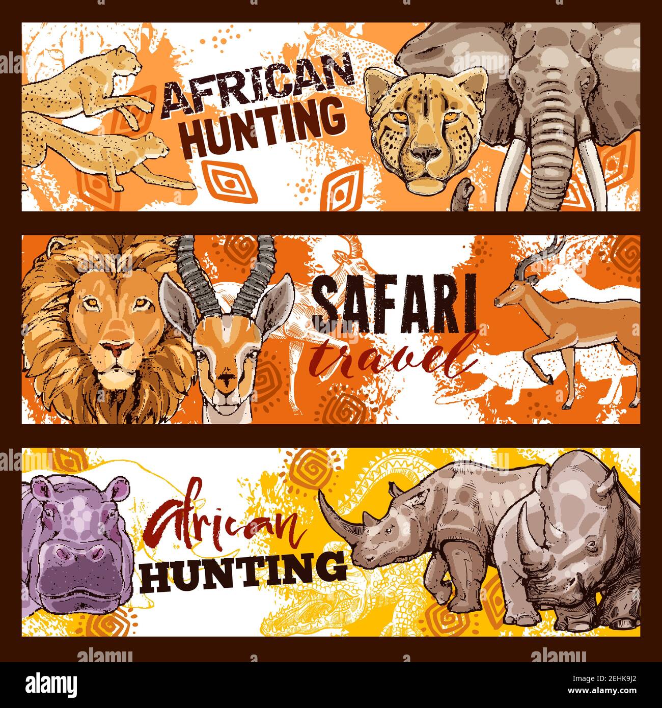 African hunting and travel banners with exotic wild animals sketches. Safari hunting among dangerous lion and leopard, huge elephant and rhinoceros, h Stock Vector
