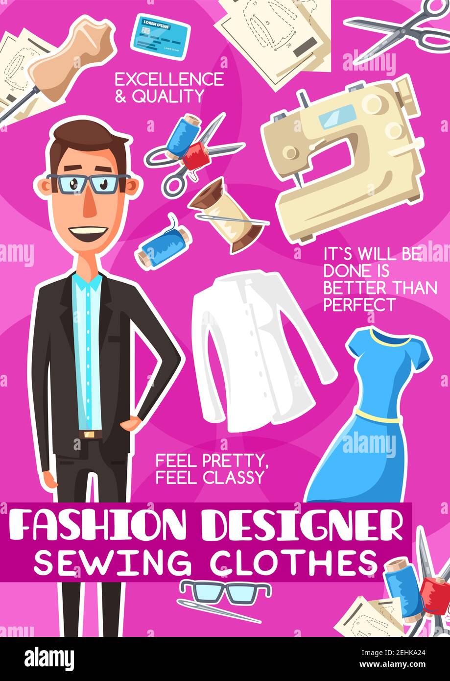 Fashion designer man profession poster. Vector dressmaker or tailor in ...
