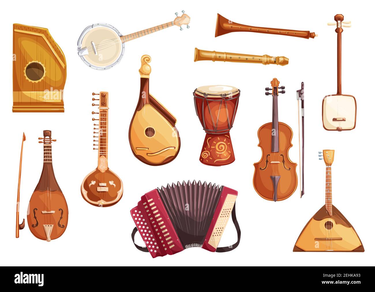 Folk music instruments watercolor icons of string, wind and percussion. Ethnic sitar, balalaika and djembe drum, banjo, viola and flute, zither, accor Stock Vector