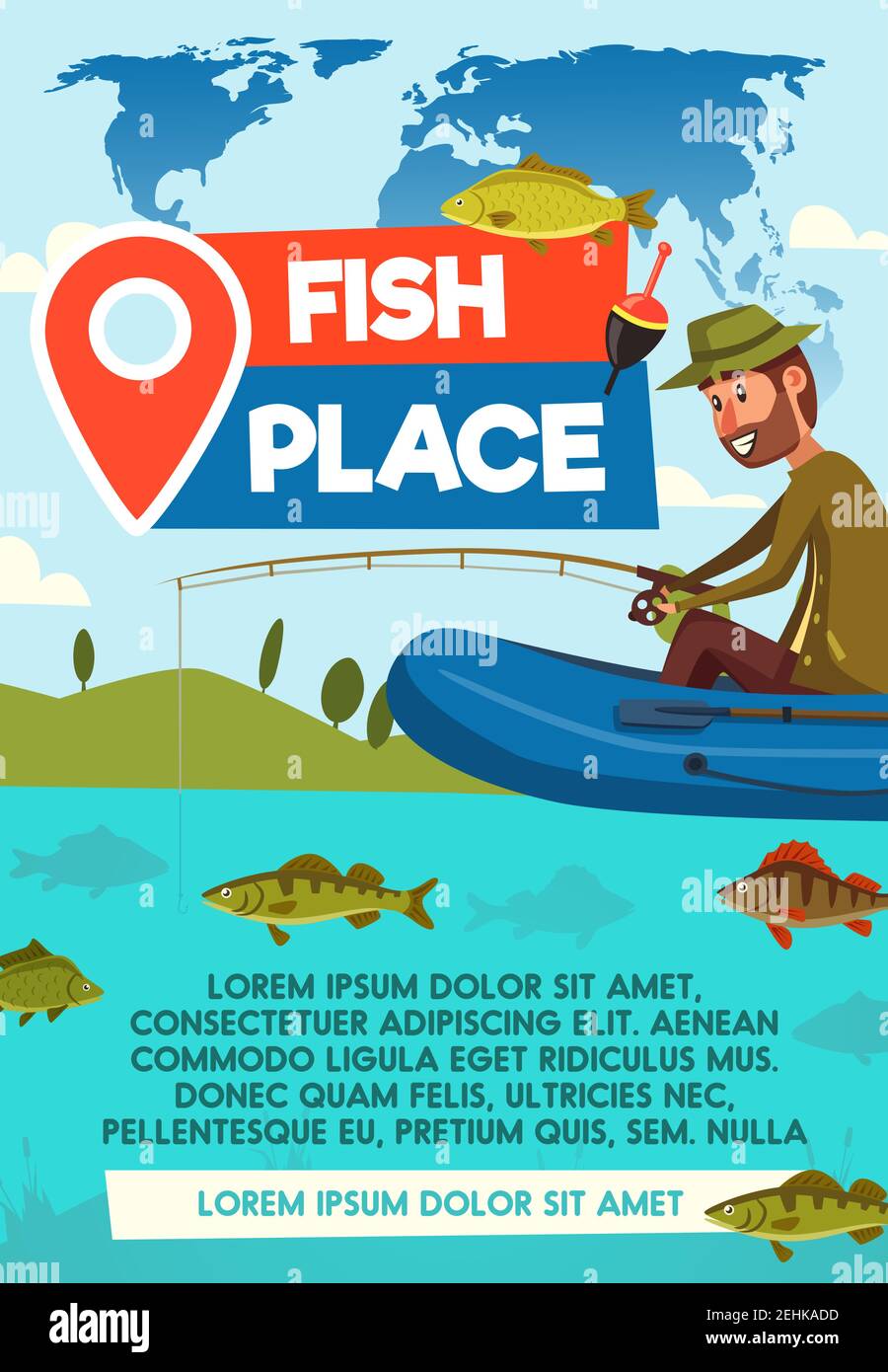 Fish place cartoon poster for fishing advertisement with location pin.  Vector design of fisherman in hat on rubber boat with rod catching fish in  rive Stock Vector Image & Art - Alamy