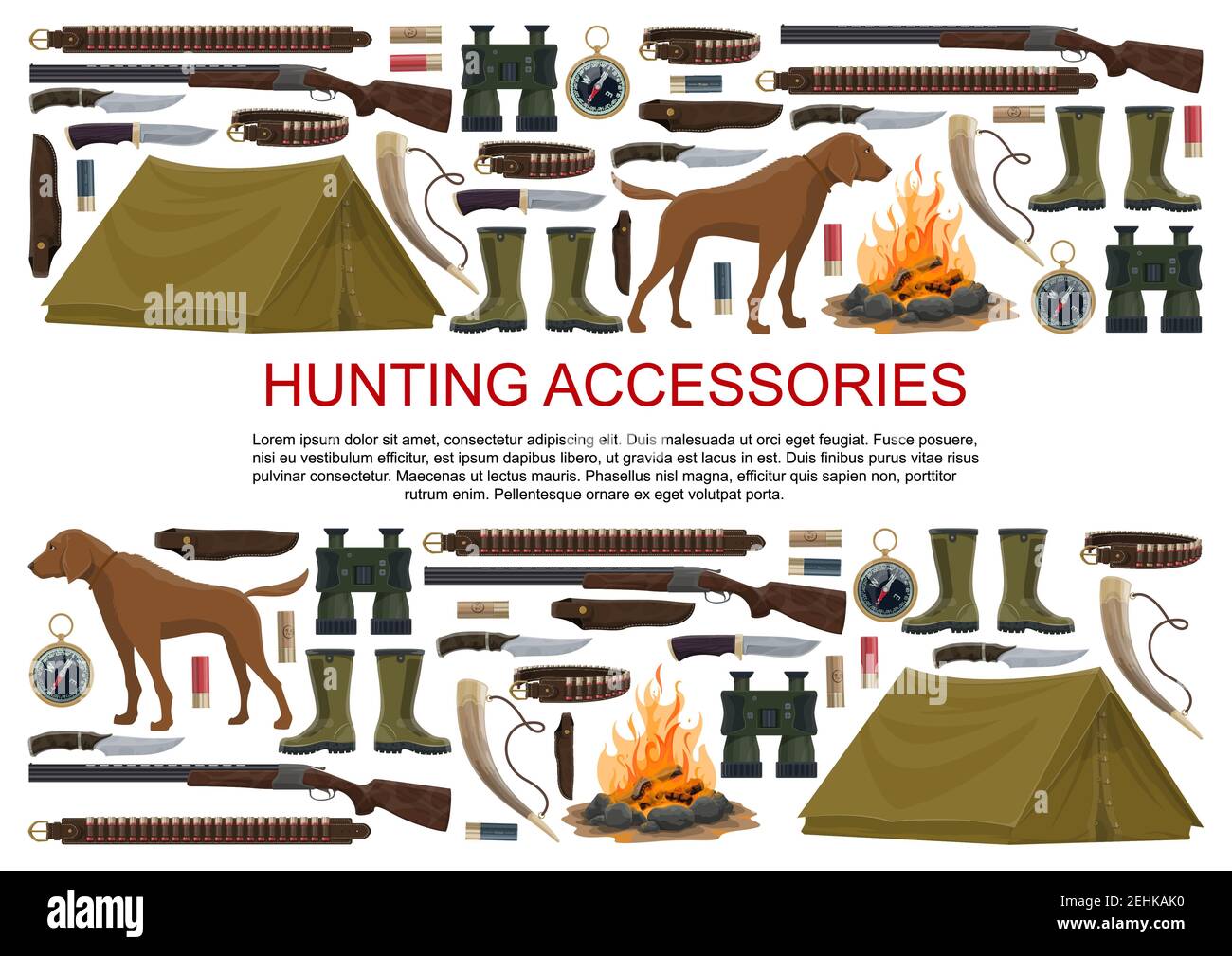 Hunting equipment and hunter accessories poster. Vector icons of hunt dog,  camping tent or rifle gun and carbine with arbalest crossbow, compass and b  Stock Vector Image & Art - Alamy