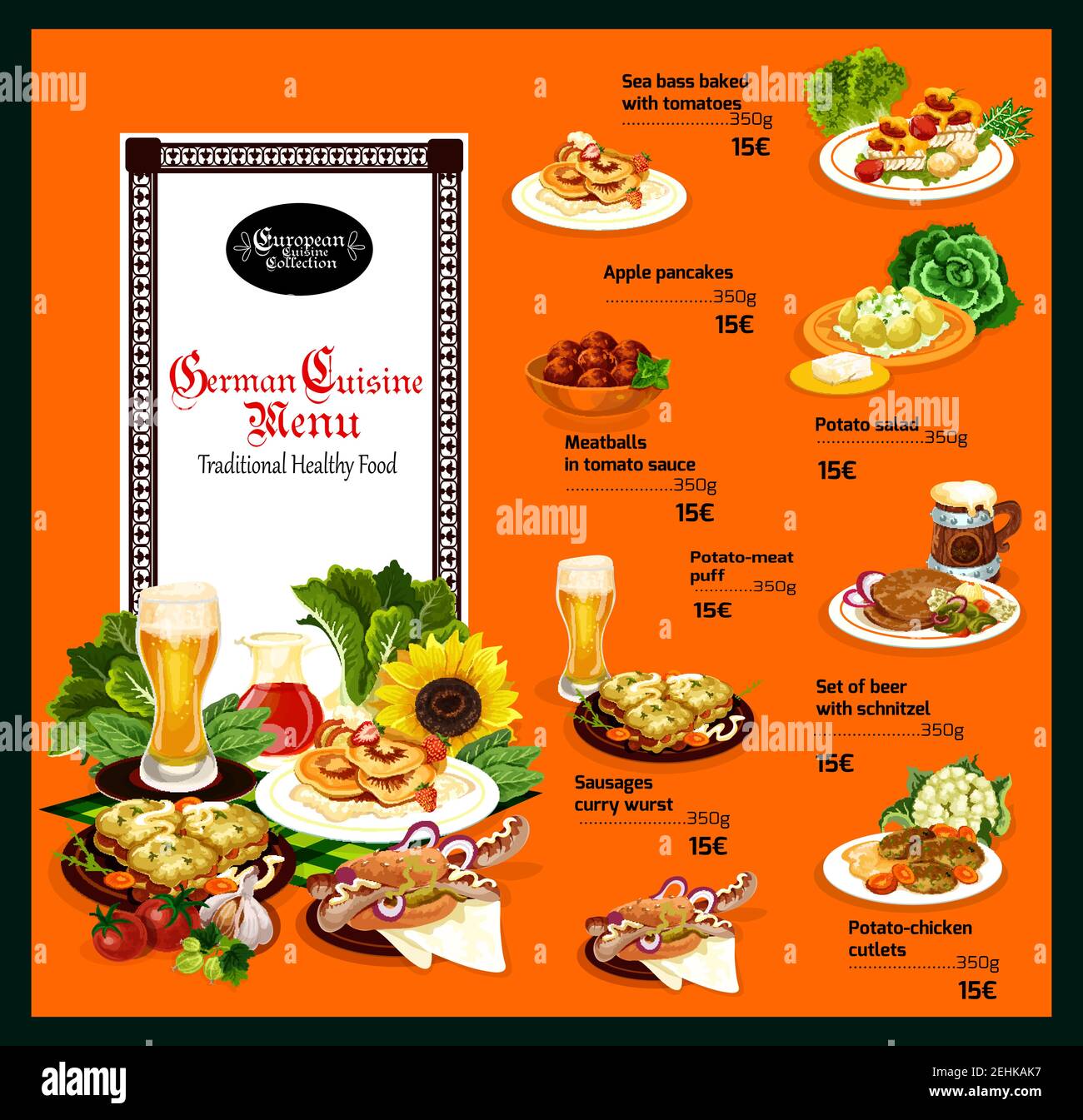Traditional German cuisine dishes, food in menu with prices. Cold beer