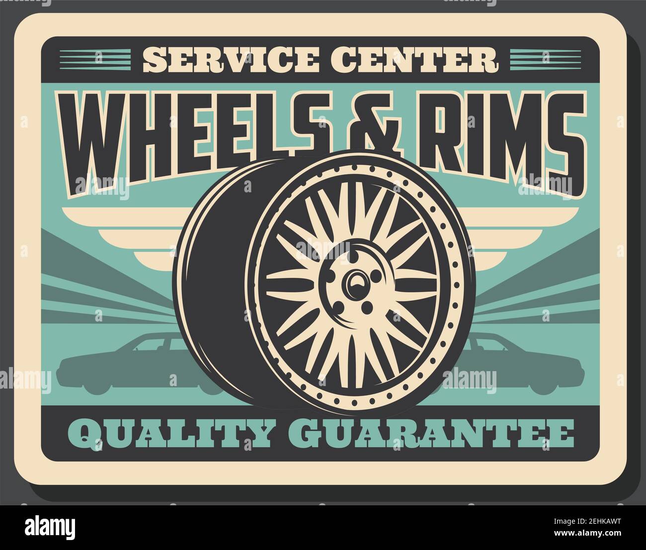 Car service center retro poster for mechanic or garage station. Vector vintage design for tire pumping and fitting with quality guarantee advertisemen Stock Vector