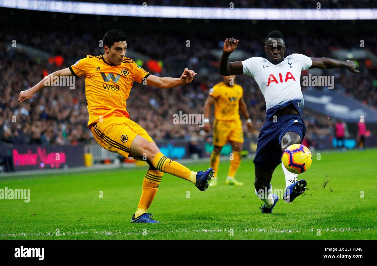 Soccer Football - Premier League - Tottenham Hotspur v Wolverhampton Wanderers - Wembley Stadium, London, Britain - December 29, 2018  Wolverhampton Wanderers' Raul Jimenez in action with Tottenham's Davinson Sanchez   REUTERS/Eddie Keogh  EDITORIAL USE ONLY. No use with unauthorized audio, video, data, fixture lists, club/league logos or "live" services. Online in-match use limited to 75 images, no video emulation. No use in betting, games or single club/league/player publications.  Please contact your account representative for further details. Stock Photo