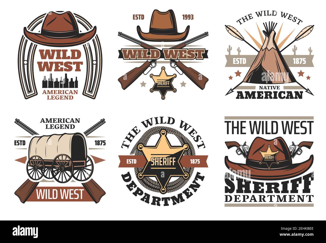 Wild West icons and signs cowboy hats and sheriff id sign, guns and