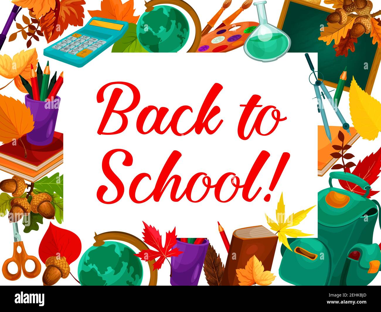 Back to School welcome poster of education stationery, school bag or book and pencil or ruler and computer. Vector mathematics calculator, chemistry b Stock Vector