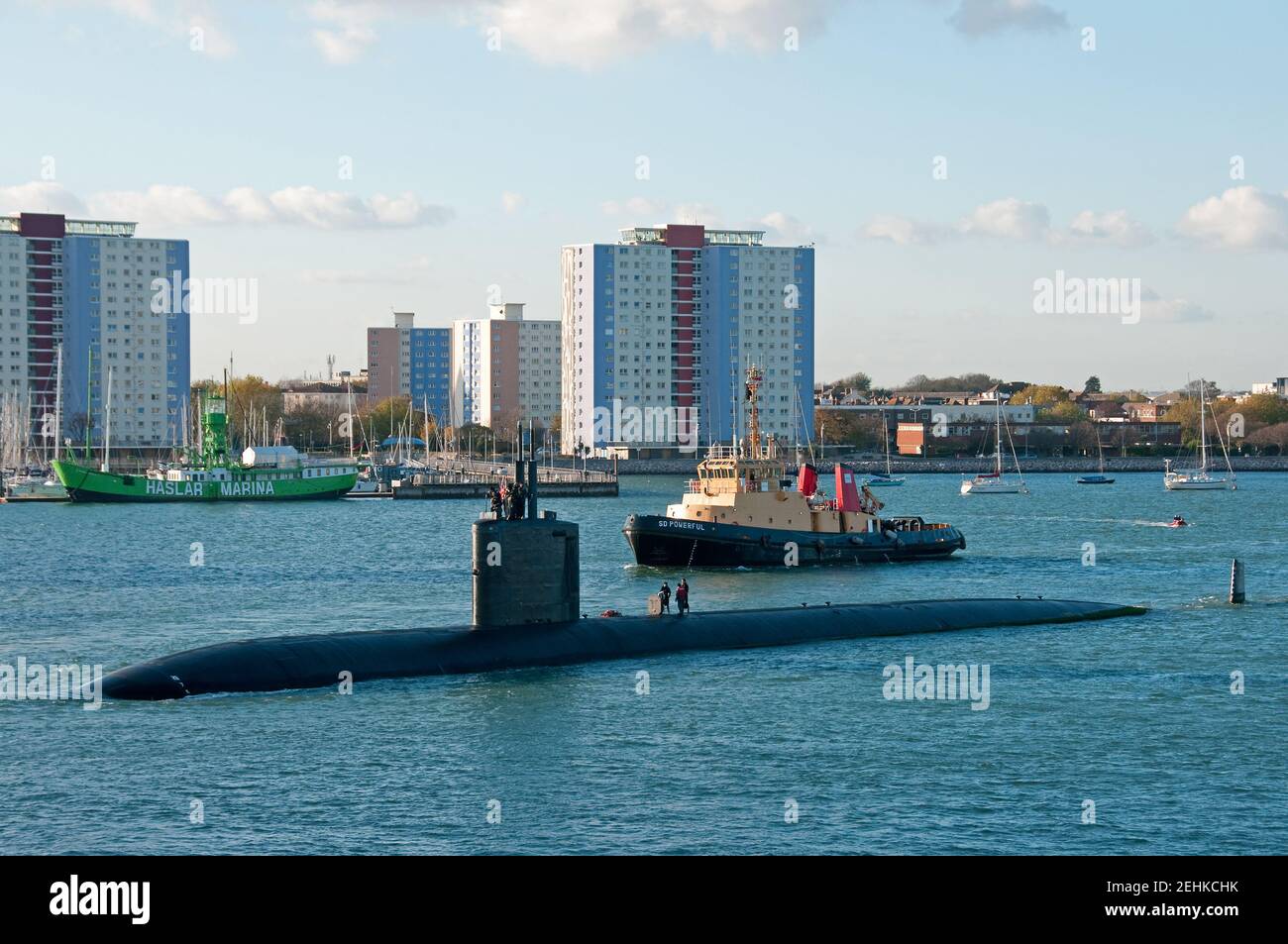 The United States Navy Los Angeles class attack submarine USS Hartford (SSN 768) leaving Portsmouth, UK on 5/11/12 after a courtesy port visit. Stock Photo