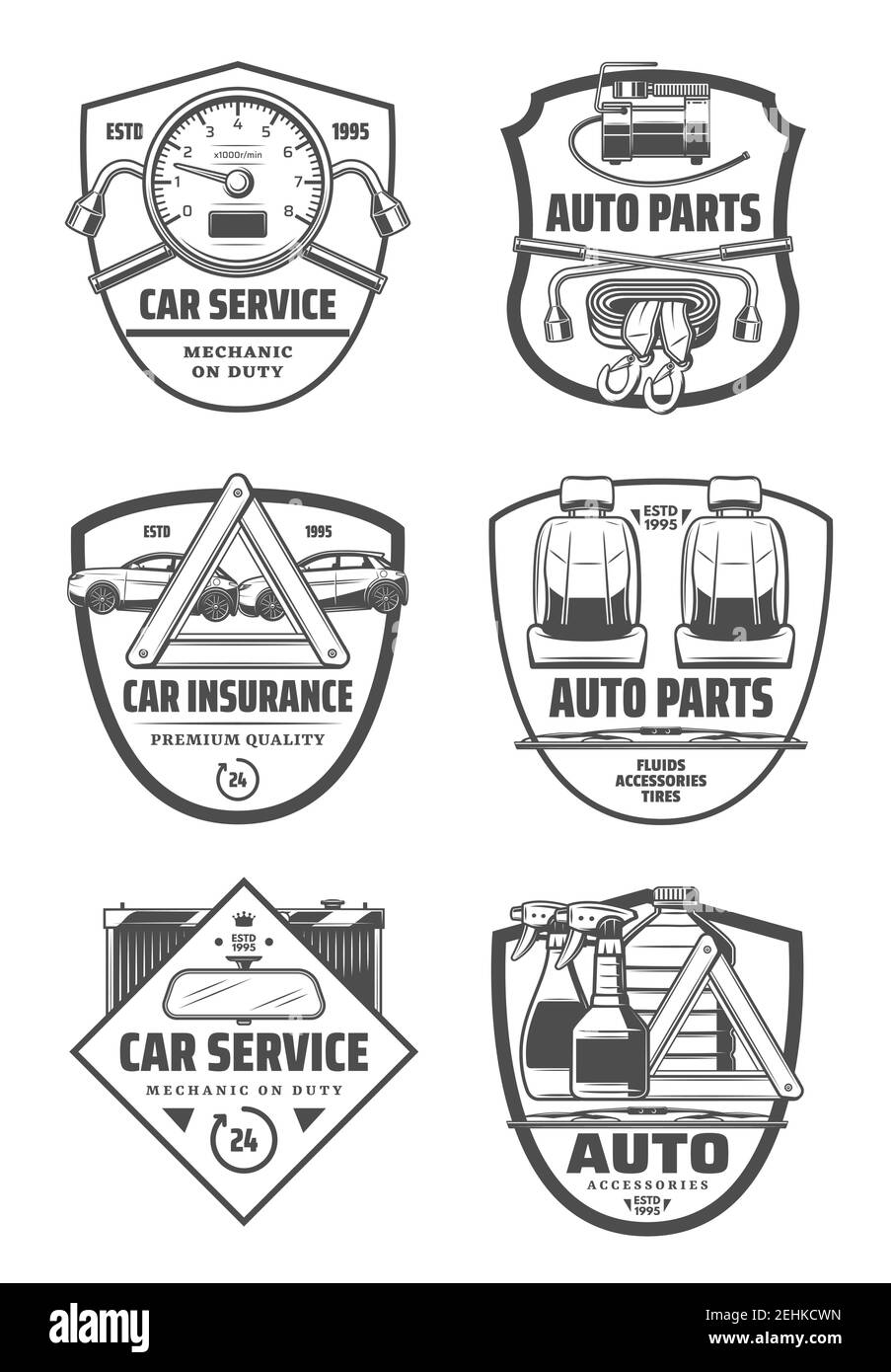 Car service or auto spare parts store icons. Vector tire pumping manometer and lug wrench, car seats and tow belt. Transport insurance or mechanic rep Stock Vector