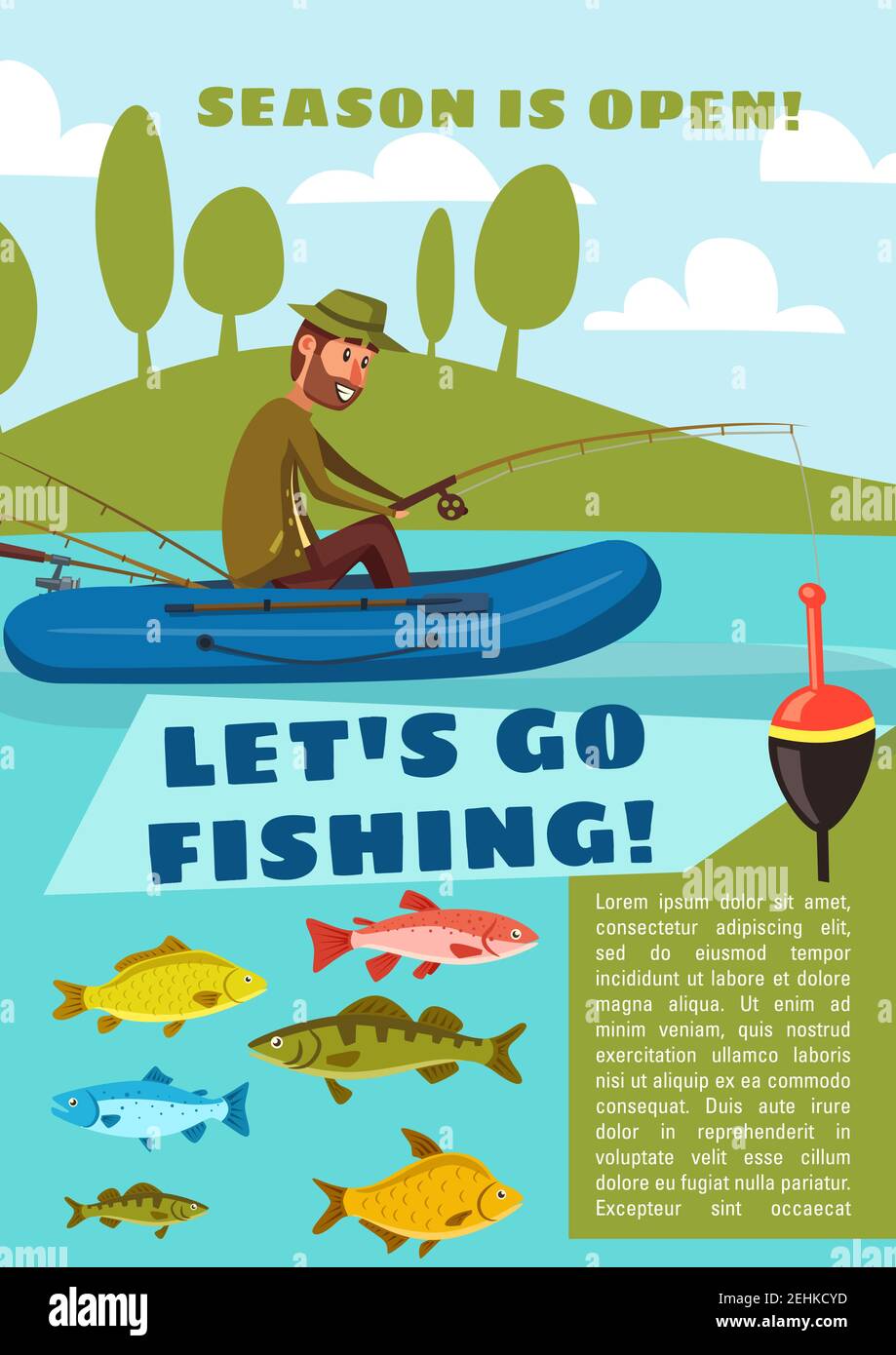 Fisherman fishing from boat with rod and hook, carp fish, cod and bream