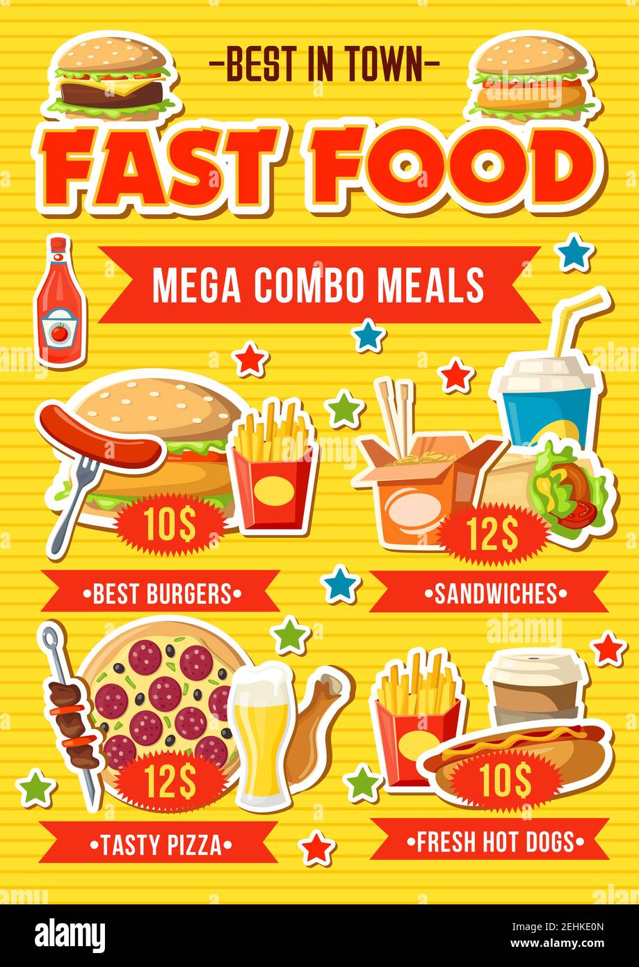 Fast food menu with combo meal. Hamburger and fries, pizza