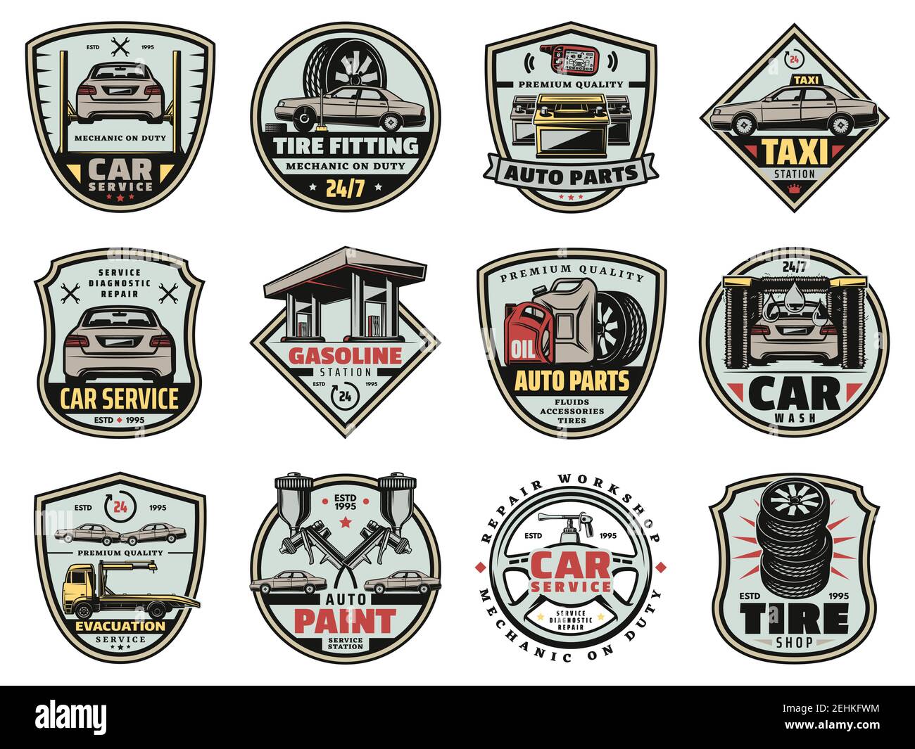 Car service, gas station and auto spare parts shop icons. Vector