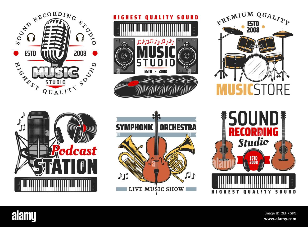 Music shop, sound record studio and podcast station icons with guitar, microphone and headphones, drum set, vinyl records and notes. Symbols with musi Stock Vector