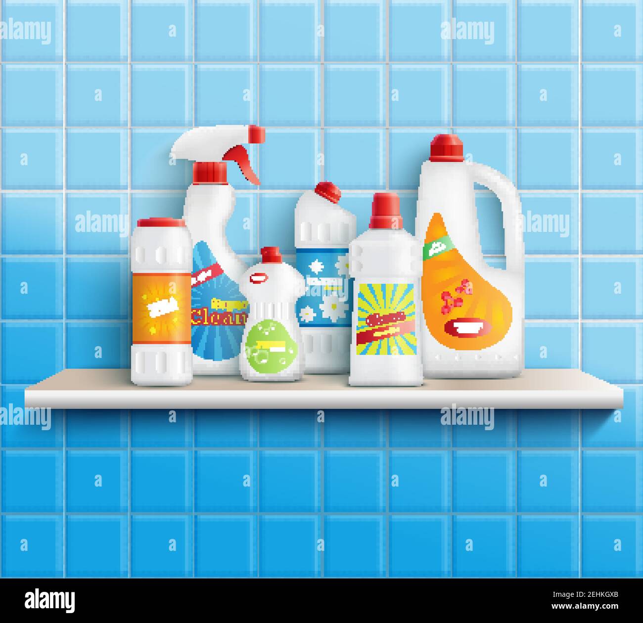 Composition of realistic detergent bottles on shelf with bathroom