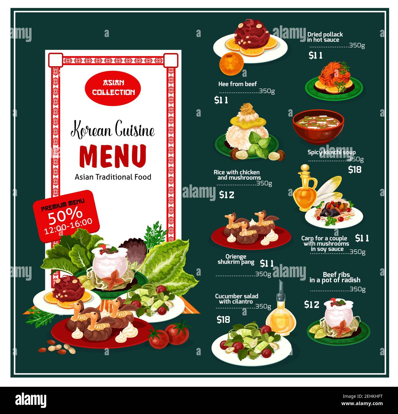 Korean cuisine asian traditional food menu dishes list and prices. Hee from beef and dried pollack in sauce, rice with chicken, kimchi soup and orieng Stock Vector