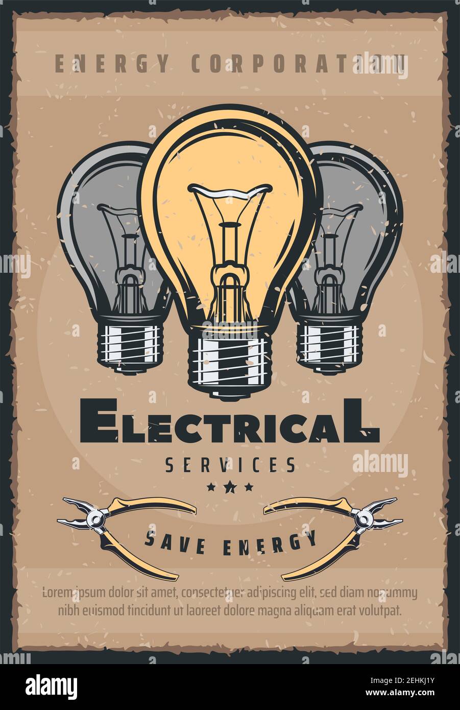 Electricity retro poster, save energy concept. Electrical services bulb