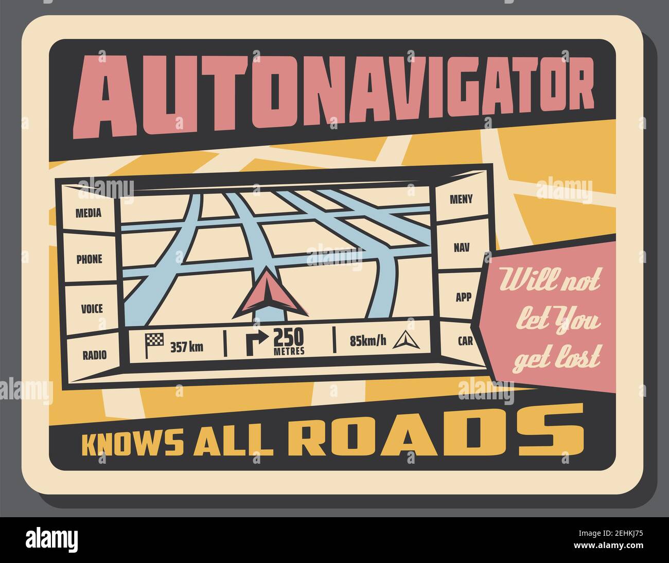 Car navigator retro poster. Automotive navigation system used to find direction. City highways and roads scheme with pointer that shows vehicle locati Stock Vector
