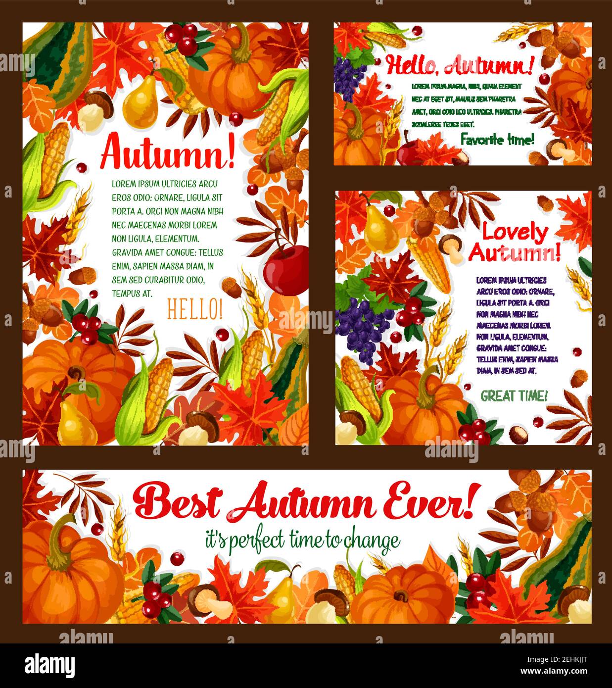 Autumn harvest posters or banners of pumpkin or grape and rowan berry, cherry and dog-rose fruits on autumn foliage. Vector falling leaves of maple, c Stock Vector