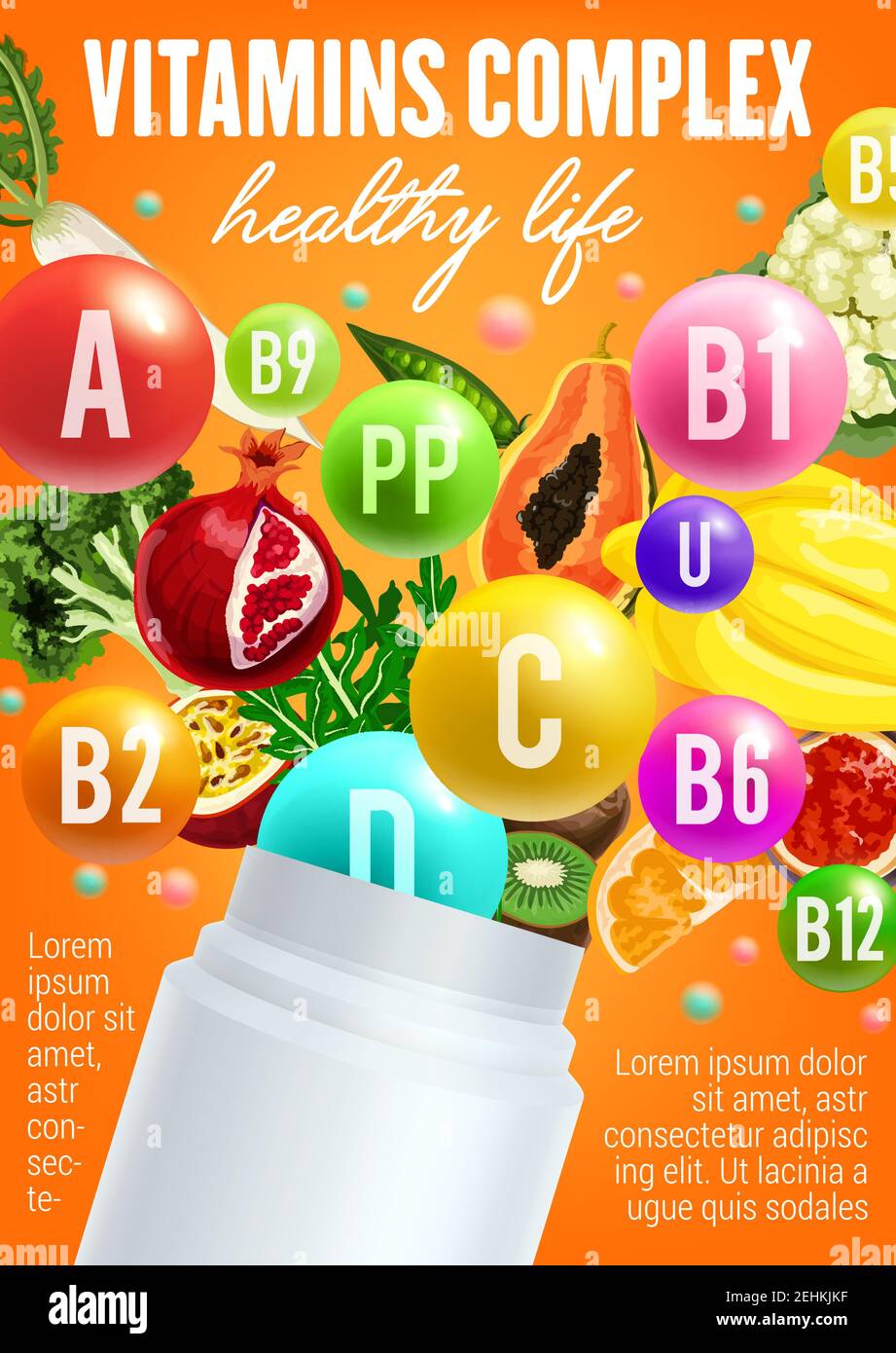 Vitamins in fruits and vegetables poster for healthy nutrition. Vector