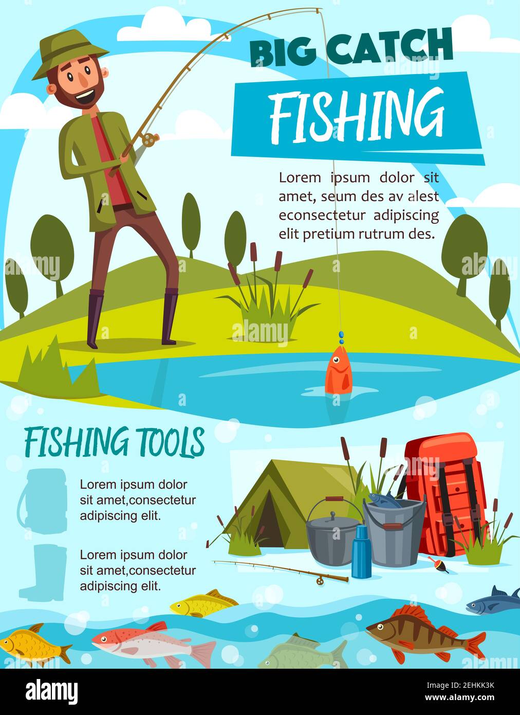 https://c8.alamy.com/comp/2EHKK3K/big-catch-fishing-fisherman-and-fishing-tackle-fisher-rod-and-hook-bait-lure-and-reel-carp-perch-and-float-tent-bucket-and-backpack-on-river-2EHKK3K.jpg