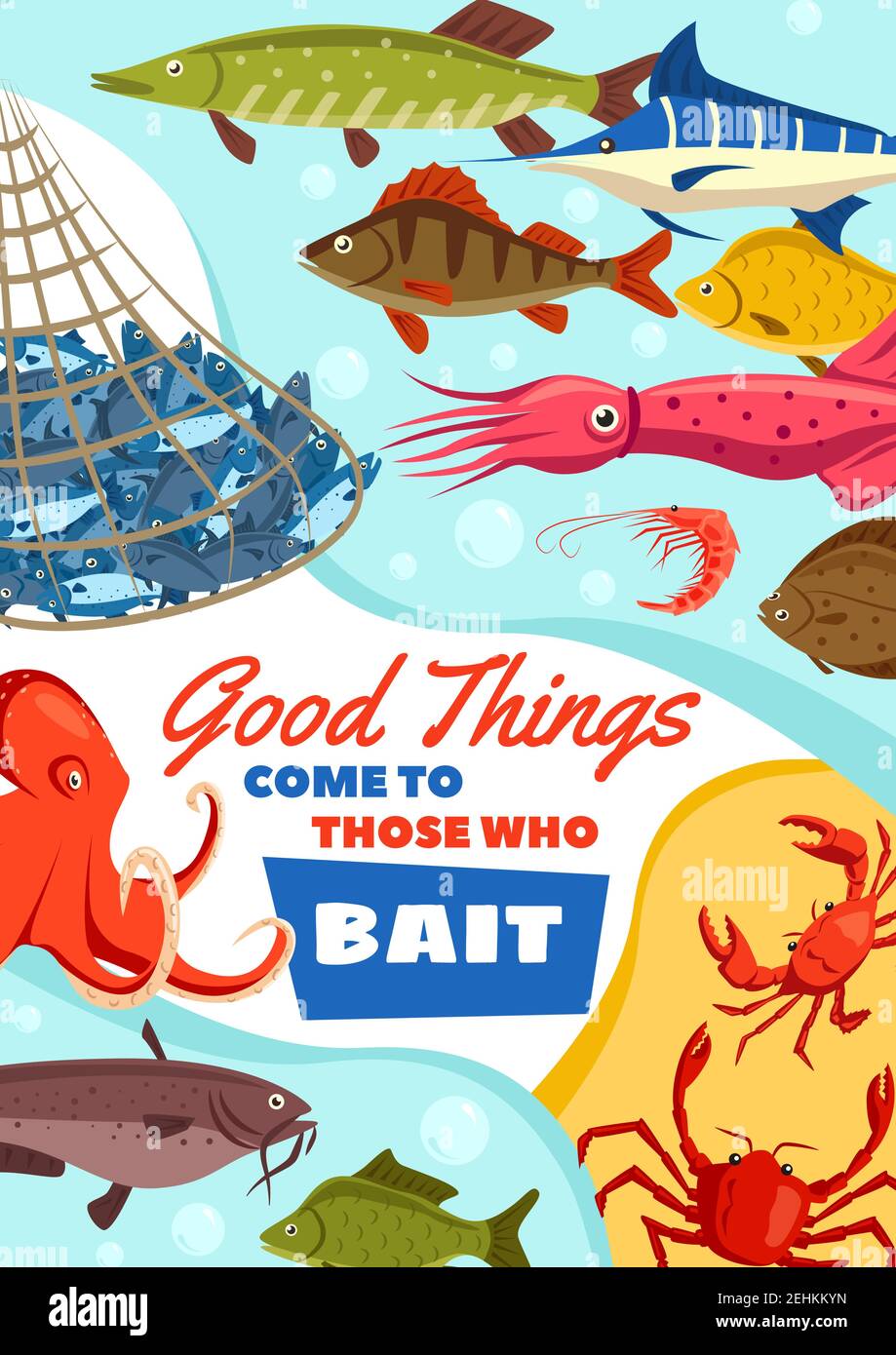 Fishing club, catching fish by bait vector. Seafood squid and octopus, crab and shrimp, carp fish marlin and perch, pike and trout, bream and tuna vec Stock Vector
